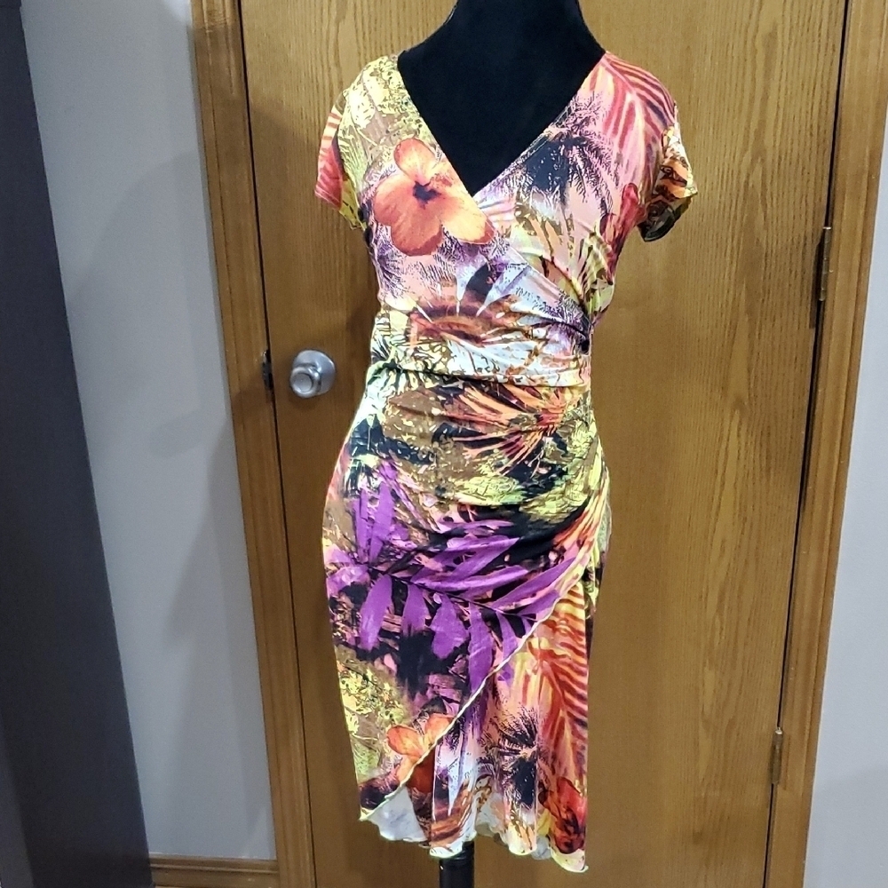 Joseph Ribkoff Pink and Purple Tropical Ruched Faux Wrap Dress
